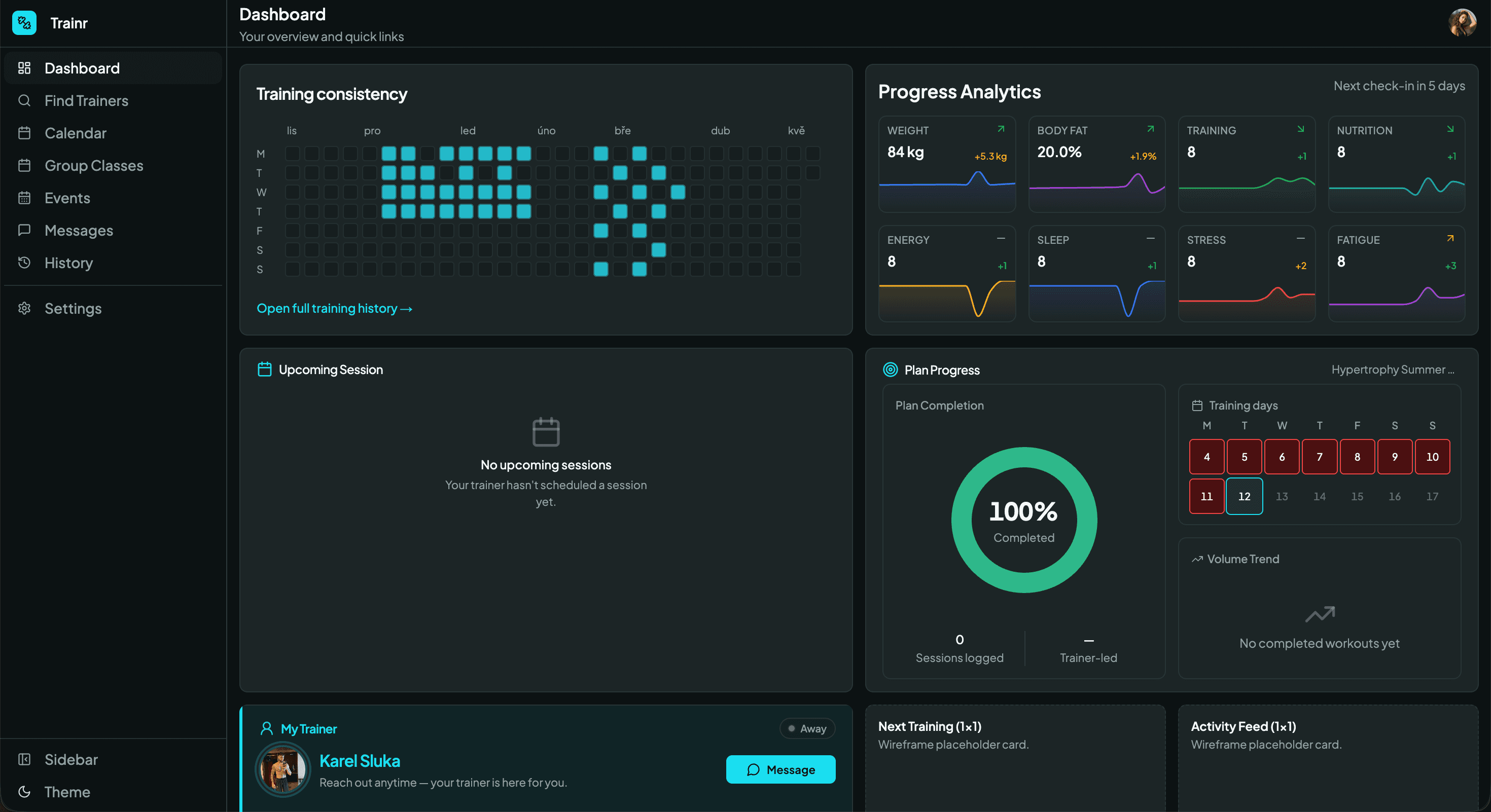 Náhled rozhraní Trainr — dashboard ve vývoji